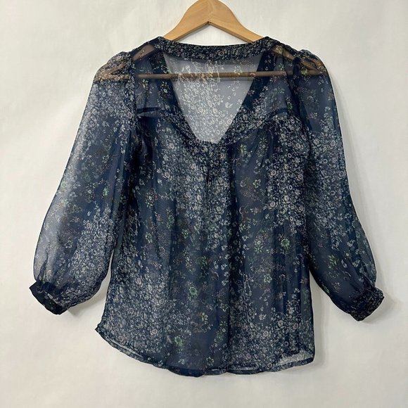 Lucca Couture Top Sheer Flowy Blouse Blue Floral Pattern 3/4 Sleeves Size Small - Picture 2 of 11